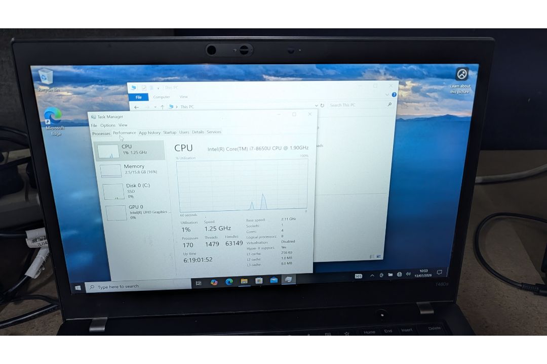 Lenovo T480S Think Pad Notebook Computer with Intel Core i7, 8650U Processor, 16GB RAM, 256GB SSD, L - Image 8 of 16