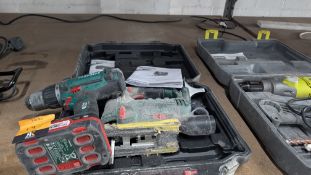 Parkside Cordless Power Tool Lot. Comprising Jigsaw, Case, Drill and 1 Battery. NB- No Charger.