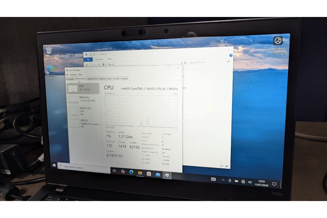Lenovo T480S Think Pad Notebook Computer with Intel Core i7, 8650U Processor, 16GB RAM, 256GB SSD, L - Image 10 of 16