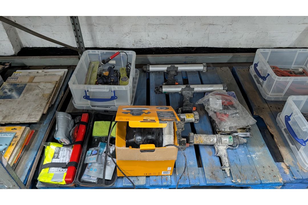 The contents of a Pallet of miscellaneous Tools and similar. Including Solder Irons, Cartridge Guns, - Image 1 of 15