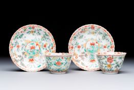 A pair of Chinese famille verte cups and saucers with floral design, Jade marks, 19th C.