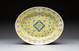 A Chinese famille rose yellow-ground footed oval 'Birthday' dish, Guangxu mark and of the period