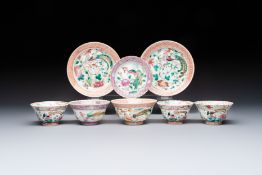 Five Chinese famille rose 'Phoenix and Peony' cups and three saucers for the Peranakan market, Qianl