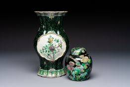 A Chinese verte biscuit black-ground vase and a covered jar, Xuande and Kangxi mark, 19th C.