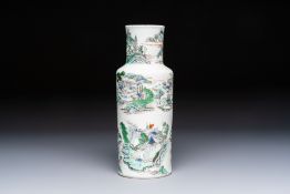 A Chinese famille verte 'Zhang Jiang Men' rouleau vase, 19th C.