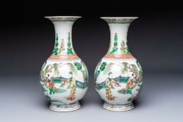A pair of Chinese famille verte vases with narrative design, 19th C.