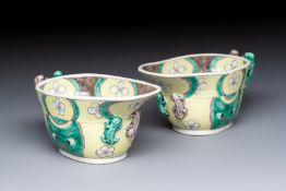 A pair of Chinese verte biscuit libation cups, 19th C.