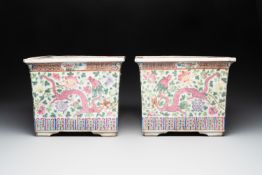 A pair of Chinese famille rose 'Dragon and Phoenix' square jardinieres, 19th C.