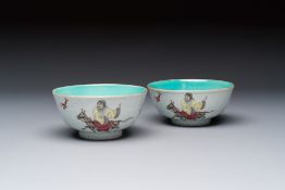 A pair of Chinese famille rose sgraffiato-ground 'Zhang Guolao' bowls, Daoguang mark and of the peri