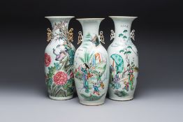Three Chinese famille rose vases, signed Hu Yuanxin, Luo Yisheng and Wang Shengtai, 20th C.