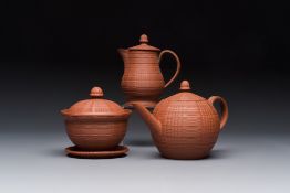 An English 4-piece engine-turned redware tea service, pseudo-Chinese marks, 2nd half 18th C.