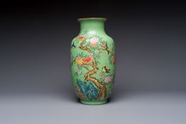 A Chinese famille rose sgraffiato lime-green-ground 'Birds among Flowering Branches' vase, Qianlong