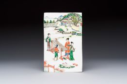 A Chinese famille verte 'Rice and Silk Production' plaque, 19th C.