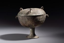 A Chinese archaic bronze food vessel and cover with 'Leiwen' and bosses design, 'Dou', Eastern Zhou