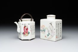 A Chinese famille rose 'Wu Shuang Pu' covered teapot and a qianjiang cai covered tea caddy, signed L