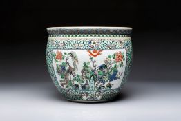 A Chinese famille verte 'Phoenixes and Mountainous Landscape' fish bowl or jardiniere, 19th C.