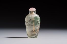 A Chinese inside-painted glass snuff bottle with two men wearing straw raincoats, dated 1911