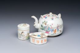 A Chinese famille rose teapot and two covered boxes, various marks, Republic