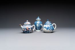 A Chinese blue and white tea caddy, a teapot and an Imari-style teapot, Kangxi/Yongzheng