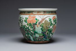 A Chinese famille verte 'Birds among Flowering Branches' fish bowl or jardiniere, 19th C.