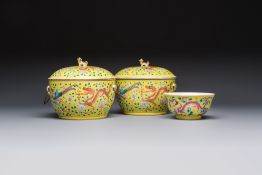 A pair of Chinese famille rose yellow-ground 'Dragon and Phoenix' covered warming bowls and a bowl,