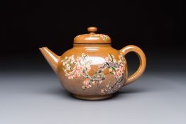 A large Chinese famille verte capucin-ground 'Prunus Blossoms' teapot and cover with relief design,