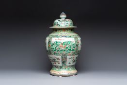 A large Chinese famille verte baluster vase and cover with animals, flowers and antquities, Chenghua