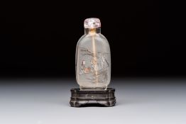 A Chinese inside-painted snuff bottle on wooden stand with figural and insect design, signed Ma Shao