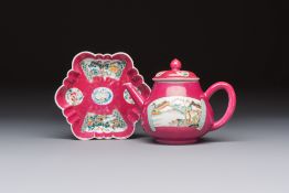 A Chinese famille rose ruby-ground 'Landscape Scroll' teapot and stand, Yongzheng