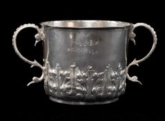 GOOD CHARLES II SILVER PORRINGER, maker's mark 'I.S' over rosette, London 1683, U-form with lower