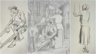 EDGAR HOLLOWAY pencil on paper - two preliminary sketches of ladies cleaning in a church and the