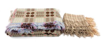 VINTAGE TRADITIONAL WELSH WOOLEN BLANKET (CARTHEN) with pink, pale blue, yellow and white