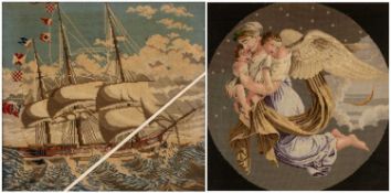 TWO FRAMED BERLIN-WORK EMBROIDERIES, depicting a tall ship at full-sail, and an angel cradling two