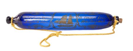 19TH CENTURY GLASS ROLLING PIN, painted in gilt with tall ship 'Gulnare', between panels