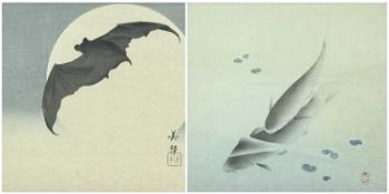 BIHO TAKAHASHI (Japanese, b. 1873) shikishiban woodblock print - Bat in Moon, together with ITO