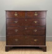 LATE 18TH CENTURY OAK CHEST, two short over three long graduated drawers, oak linings, raised on