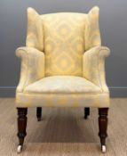 19TH CENTURY MAHOGANY WINGBACK ARMCHAIR, primrose yellow damask style upholstery, turned front