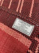 GOOD ANTIQUE WELSH NARROW LOOM BLANKET (CARTHEN), wool, charcoal, cream and red yarns, retailer's