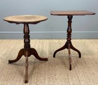 TWO ANTIQUE MAHOGANY TILT-TOP TRIPOD TABLES, round table, 67 (h) x 51cms (diam.), rectangular table,