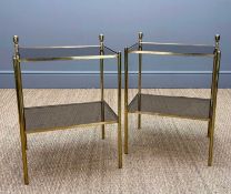 PAIR OF MCM BRASS TWO-TIER SIDE TABLES, smoked glass shelving, 63 (h) x 46 (w) x 36cms (d) (2)