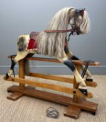 F. H. AYRES DAPPLED GREY ROCKING HORSE, open mouth, glass eyes, horse hair mane and tail, leather