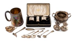 ASSORTED SILVERWARE, including tankard, sugar bowl, pair of pepperettes, mustard pot, Harrods