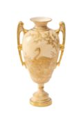 RARE ROYAL WORCESTER MINIATURE VASE, shape 1481, gilded by Samuel Ranford with a swan paddling in