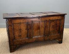 LARGE 18TH CENTURY JOINED OAK COFFER, four panel hinged top, three panel front, fluted detail,