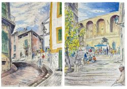 EDGAR HOLLOWAY watercolour and pencil - entitled, 'Bunyola', signed and dated 1988, 38 x 28cms,