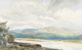 ‡ GORDON MILES (b.1947) oil on canvas - entitled verso, 'Across the Estuary', signed, 28.5 x 46.5cms