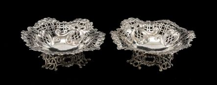 PAIR VICTORIAN SILVER BONBON DISHES, Goldsmiths & Silversmiths Co., London 1893, pierced sides