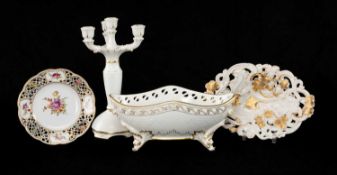 ASSORTED CONTINENTAL PORCELAIN, including Meissen pierced and part-gilt oval fruit dish, Dresden