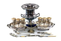 LARGE EPNS TWO-HANDLED WINE COOLER, grape and vine leaf decoration, 30cms (h); together with six