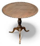 VICTORIAN SCALLOPED CIRCULAR TILT-TOP MAHOGANY TEA TABLE, on tripod supports, 72 (h) x 78cms (diam.)